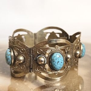 Vintage Mexican Silver Faux Turquoise Wide Hinged Cuff Bracelet
